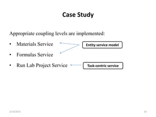 Case Study
Appropriate coupling levels are implemented:
• Materials Service
• Formulas Service
• Run Lab Project Service
2/14/2015 26
Entity service model
Task-centric service
 