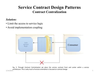 Service Contract Design Patterns
Contract Centralization
Solution:
• Limit the access to service logic
• Avoid implementation coupling
Fig. 2: Through Contract Centralization we place the service contract front and center within a service
architecture. This is why much of service-orientation is focused on contract design
2/14/2015 7
Consumer
 
