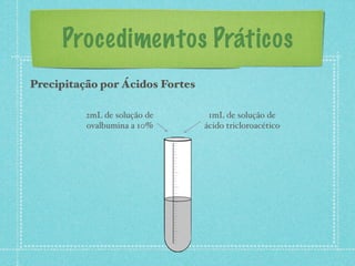 Procedimentos Práticos
Precipitação por Ácidos Fortes
1mL de solução de
ácido tricloroacético
2mL de solução de
ovalbumina a 10%
 
