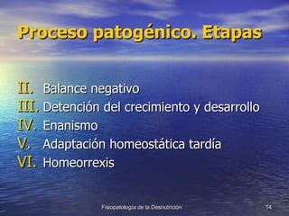 Proceso patogénico. Etapas Balance negativo Detención del crecimiento y desarrollo Enanismo Adaptación homeostática tardía Homeorrexis 