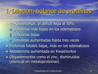 I. Dilución, balance de proteínas En Kwashiorkor, el déficit llega al 50%    globulinas más bajas en los edematosos    globulinas bajas    globulinas aumentadas hasta tres veces Proteínas totales bajas, más en los edematosos Aldosterona aumentada en Kwashiorkor Oligoelementos como el zinc, disminuídos (esencial en metaloproteínas) 