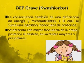Una grave reducción de peso, el edema no es detectable y existe adelgazamiento del tejido muscular y subcutáneo.Se acompaña de hipotonía, extremidades flácidas y "bolsas" en los glúteos.Presenta también cambios en la piel ocasionalmente, en el pelo, y se muestra muy irritable y apático al medio ambiente.