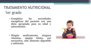 1er grado
• Completar las necesidades
energéticas del paciente con una
dieta apropiada para su edad y
antecedentes.
• Ningún medicamento, ninguna
vitamina, ningún tónico, son
necesarios, sólo alimento digestible
y suficiente.
TRATAMIENTO NUTRICIONAL
 