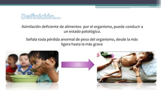 Asimilación deficiente de alimentos por el organismo, puede conducir a
un estado patológico.
Definición…
Señala toda pérdida anormal de peso del organismo, desde la más
ligera hasta la más grave
 