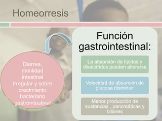 Homeorresis

                       Función
                    gastrointestinal:
                       La absorción de lípidos y
      Diarrea,       disacáridos pueden alterarse
     motilidad
     intestinal
irregular y sobre     Velocidad de absorción de
   crecimiento            glucosa disminuir
    bacteriano
 gastrointestinal      Menor producción de
                     sustancias , pancreáticas y
                              biliares
 