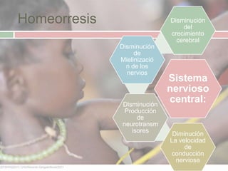 Homeorresis                  Disminución
                                 del
                             crecimiento
                               cerebral
              Disminución
                   de
              Mielinizació
                n de los
                nervios
                             Sistema
                             nervioso
              Disminución
                             central:
               Producción
                   de
              neurotransm
                 isores
                              Diminución
                             La velocidad
                                  de
                             conducción
                               nerviosa
 