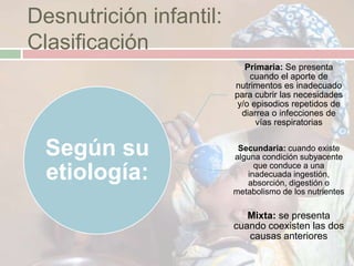 Desnutrición infantil:
Clasificación
                            Primaria: Se presenta
                             cuando el aporte de
                         nutrimentos es inadecuado
                         para cubrir las necesidades
                          y/o episodios repetidos de
                           diarrea o infecciones de
                               vías respiratorias


  Según su                Secundaria: cuando existe
                         alguna condición subyacente
                              que conduce a una
  etiología:                inadecuada ingestión,
                            absorción, digestión o
                         metabolismo de los nutrientes

                            Mixta: se presenta
                         cuando coexisten las dos
                            causas anteriores
 