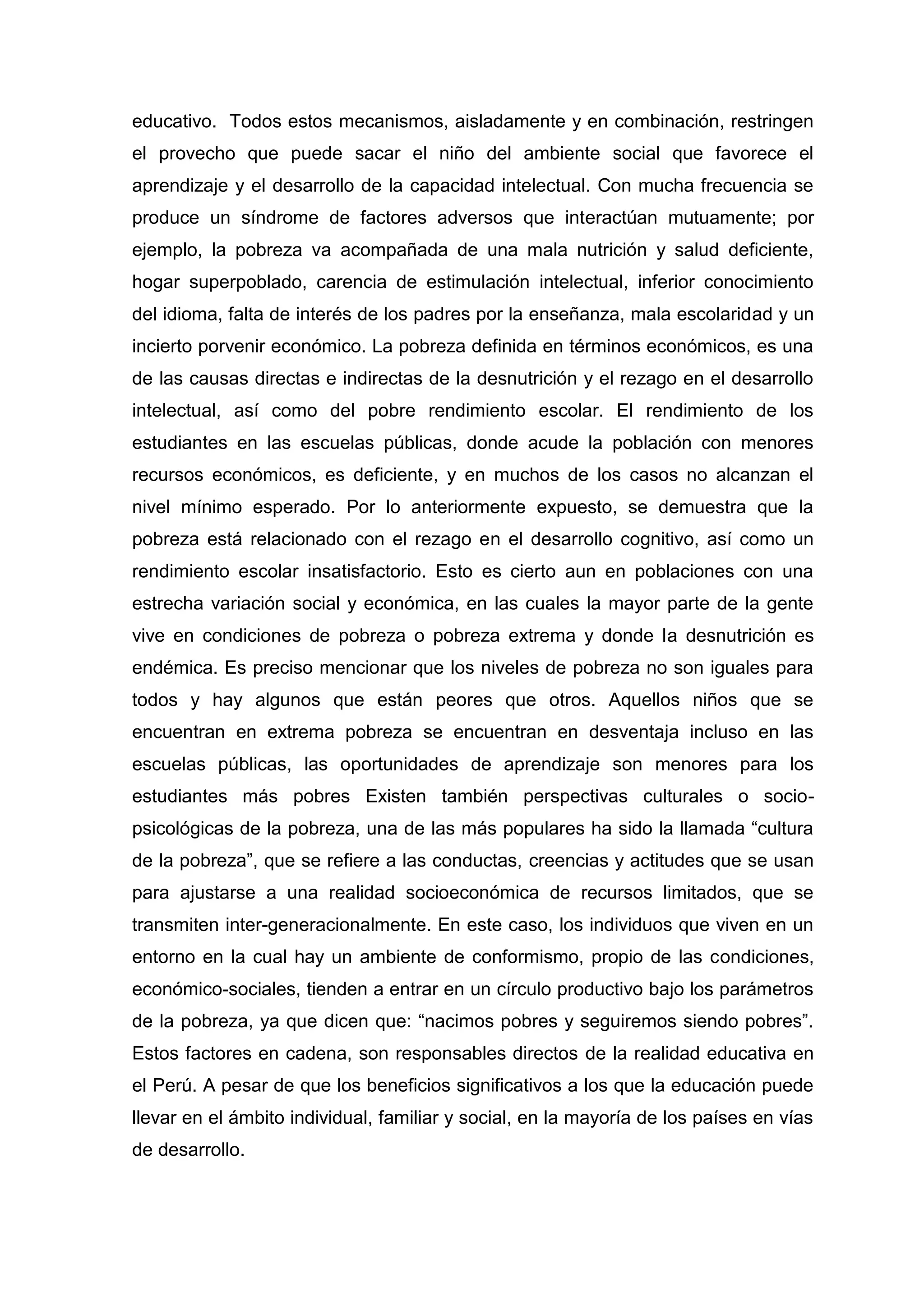 Desnutrición, aprendizaje y calidad de vida