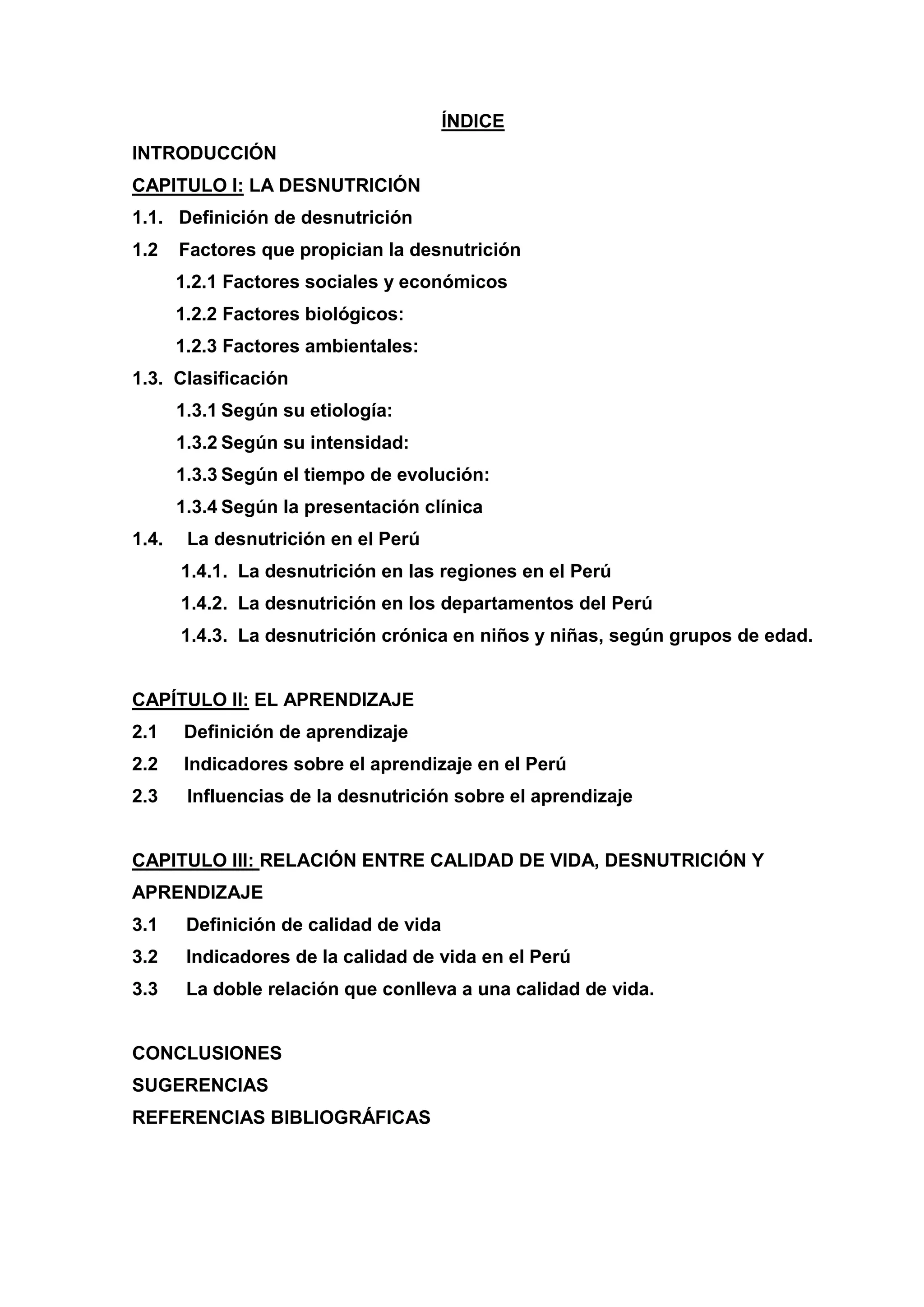 Desnutrición, aprendizaje y calidad de vida