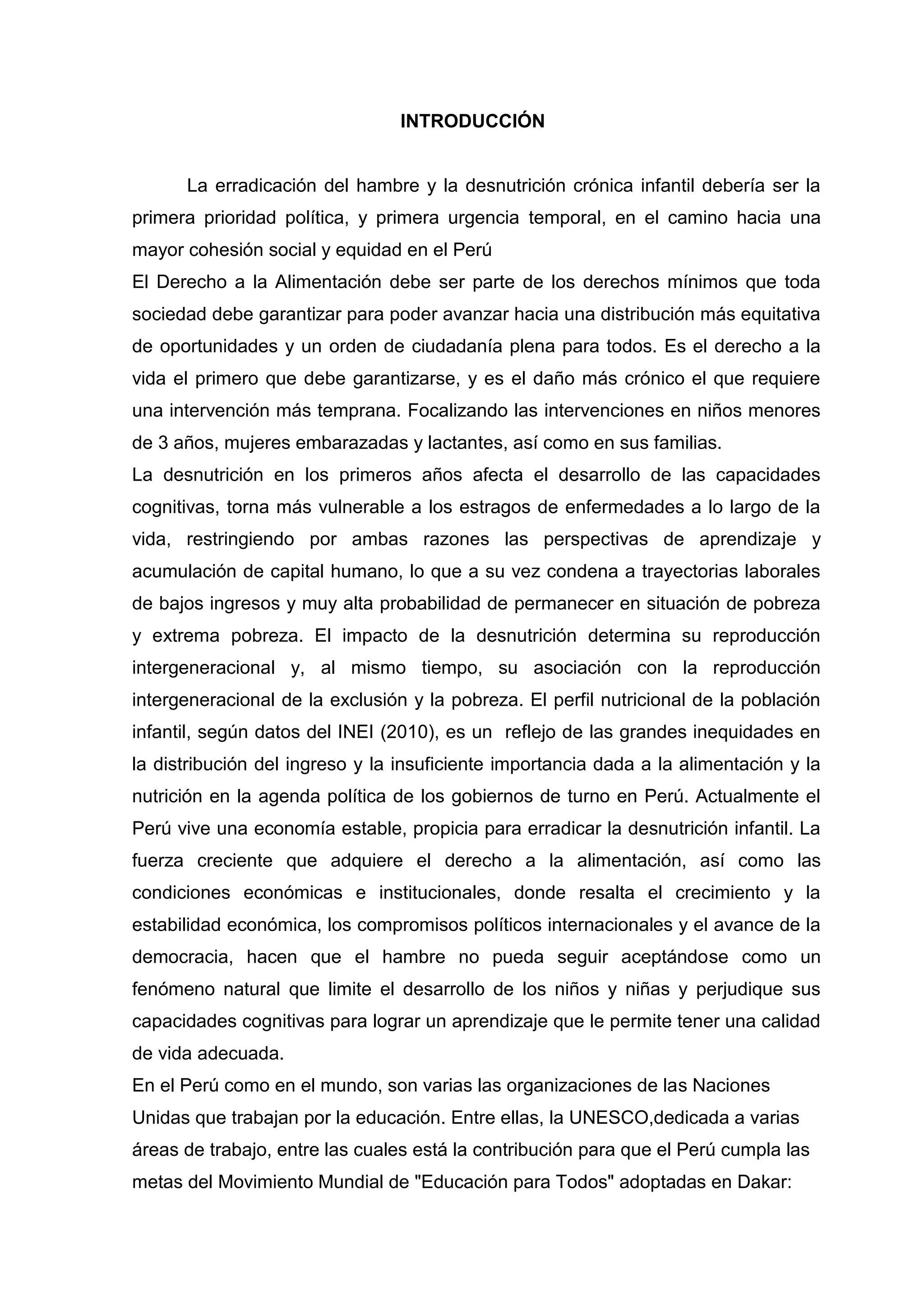 Desnutrición, aprendizaje y calidad de vida