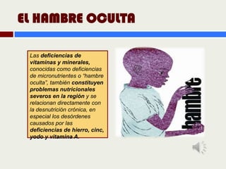 EL HAMBRE OCULTA

 Las deficiencias de
 vitaminas y minerales,
 conocidas como deficiencias
 de micronutrientes o “hambre
 oculta”, también constituyen
 problemas nutricionales
 severos en la región y se
 relacionan directamente con
 la desnutrición crónica, en
 especial los desórdenes
 causados por las
 deficiencias de hierro, cinc,
 yodo y vitamina A.
 