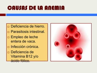 CAUSAS DE LA ANEMIA

   Deficiencia de hierro.
   Parasitosis intestinal.
   Empleo de leche
    entera de vaca.
   Infección crónica.
   Deficiencia de
    Vitamina B12 y/o
    ácido fólico.
 