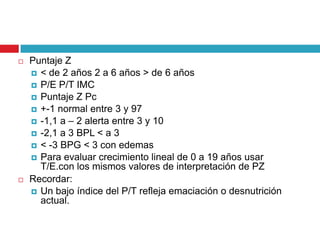 



Puntaje Z
 < de 2 años 2 a 6 años > de 6 años
 P/E P/T IMC
 Puntaje Z Pc
 +-1 normal entre 3 y 97
 -1,1 a – 2 alerta entre 3 y 10
 -2,1 a 3 BPL < a 3
 < -3 BPG < 3 con edemas
 Para evaluar crecimiento lineal de 0 a 19 años usar
T/E.con los mismos valores de interpretación de PZ
Recordar:
 Un bajo índice del P/T refleja emaciación o desnutrición
actual.

 