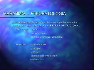 MARASMO - FISIOPATOLOGIA
La adaptación para la supervivencia se logra gracias a cambios
hormonales, desencadenados por el ESTRES NUTRICIONAL
Disminuyen: - insulina
- somatomedina
- hormonas tiroideas circulantes
Aumentan: - catecolaminas
- glucagón
- cortisol
- hormona de crecimiento
- aldosterona

 