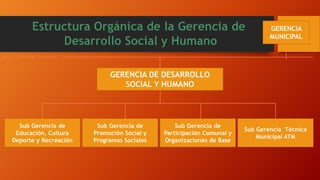 GERENCIA DE DESARROLLO
SOCIAL Y HUMANO
Sub Gerencia de
Participación Comunal y
Organizaciones de Base
Sub Gerencia Técnica
Municipal ATM
Sub Gerencia de
Promoción Social y
Programas Sociales
Sub Gerencia de
Educación, Cultura
Deporte y Recreación
GERENCIA
MUNICIPAL
 