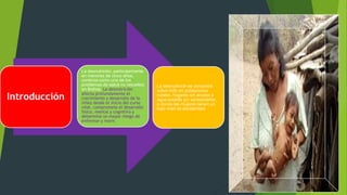 Introducción
La desnutrición, particularmente
en menores de cinco años,
continúa como uno de los
problemas de salud no resueltos
en Bolivia. La desnutrición
afecta profundamente el
crecimiento y desarrollo de la
niñez desde el inicio del curso
vital, compromete el desarrollo
físico, mental y cognitivo y
determina un mayor riesgo de
enfermar y morir.
La desnutrición se concentra
sobre todo en poblaciones
rurales, hogares sin acceso a
agua potable y/o saneamiento,
o donde las mujeres tienen un
bajo nivel de escolaridad.
 