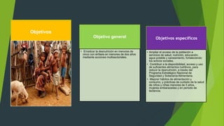Objetivos
Objetivo general
• Erradicar la desnutrición en menores de
cinco con énfasis en menores de dos años
mediante acciones multisectoriales.
Objetivos específicos
• Ampliar el acceso de la población a
servicios de salud, nutrición, educación,
agua potable y saneamiento, fortaleciendo
los activos sociales.
• Contribuir a la disponibilidad, acceso y uso
de suficientes alimentos nutritivos, para
reducir la desnutrición, a través del
Programa Estratégico Nacional de
Seguridad y Soberanía Alimentaria.
• Mejorar hábitos de alimentación y
consumo, y prácticas de cuidado de la salud
de niños y niñas menores de 5 años,
mujeres embarazadas y en periodo de
lactancia.
 