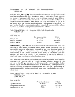 P/E = PESO ACTUAL x 100 = % de peso - 100 = % de déficit de peso
PESO IDEAL
Relación Talla/Edad (T/E): El crecimiento lineal continuo es el mejor indicador de
dieta adecuada y de estado nutricional a largo plazo. Es importante considerar que es
un parámetro muy susceptible a errores de medición, y que por lo tanto, debe ser
repetida, aceptándose una diferencia inferior a 5 mm entre ambas mediciones. Se
acepta como normal una talla entre el 95% y el 105% del standard, lo que en las
curvas del NCHS corresponde aproximadamente a valores entre percentil 10 y 90
para la edad. Cuando se encuentra diminuida es evidencia de una desnutrición crónica
o pasada, no es útil en los programas de intervención nutricia.
T/E = TALLA ACTUAL x 100 = % de talla - 100 = % de déficit de talla
TALLA IDEAL
Interpretación:
Porcentaje de talla Déficit
Crónico leve 90 - 94 % 6 - 10 %
Crónico moderada 89 - 85 % 11 - 15 %
Crónico severa 85 < % > 15 %
Índice de Peso/ Talla (IPT): es un buen indicador de estado nutricional actual y no
requiere un conocimiento preciso de la edad. Es útil para el diagnóstico, tanto de
desnutrición como de sobrepeso y obesidad. Su uso como único parámetro de
evaluación puede no diagnosticar como desnutridos a algunos niños que
efectivamente lo son (algunos casos de retraso global de crecimiento como por
ejemplo). Por ello, se recomienda el uso combinado de los índices peso/talla y
talla/edad, lo que permite una evaluación más precisa.
Para mujeres y hasta 143 cm. para hombres. Se consideran normales los valores que
se ubiquen entre los percentiles 10 y 90, con excepción del primer semestre de vida
en que es deseable que los valores se ubiquen entre los percentiles 25 y 75. Los
valores bajo el percentil 10 son indicativos de desnutrición y sobre percentil 90,
indican sobrepeso. Este cociente indica el estado nutricio actual y permite detectar
casos de desnutrición aguda comparándolo con gráficas estandarizadas para niños y
adolescente.
P/T = __PESO ACTUAL__ x 100 = % de peso - 100 = % de déficit de peso
PESO IDEAL PARA
TALLA ACTUAL
Interpretación:
Porcentaje de peso Déficit
Agudización leve 89- 80 % 11 - 20 %
Agudización moderada 79- 70 % 21 - 30 %
Agudización severa > 70 % 30 > %
 