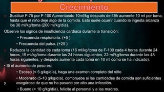  Sustituir F-75 por F-100 Aumentando 10ml/kg después de 48h aumente 10 ml por toma,
hasta que el niño deje algo de la comida. Esto suele ocurrir cuando la ingesta alcanza
los 30 ml/kg/toma (200 ml/kg/día).
Observe los signos de insuficiencia cardiaca durante la transición:
• Frecuencia respiratoria. (+5 )
• Frecuencia del pulso. (+25 )
 Reduzca la cantidad de cada toma (16 ml/kg/toma de F-100 cada 4 horas durante 24
horas, 19 ml/kg/toma durante las 24 horas siguientes, 22 ml/kg/toma durante las 48
horas siguientes, y después aumente cada toma en 10 ml como se ha indicado).
• Si el aumento de peso es:
• Escaso (< 5 g/kg/día), haga una examen completo del niño
• Moderado (5-10 g/kg/día), compruebe si las cantidades de comida son suficientes
y asegúrese de que no ha pasado por alto una infección.
• Bueno (> 10 g/kg/día), felicite al personal y a las madres.
 