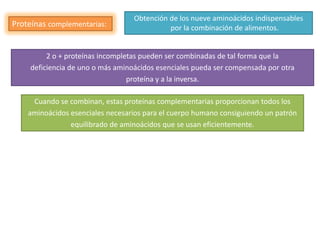 Obtención de los nueve aminoácidos indispensables
Proteínas complementarias:                   por la combinación de alimentos.


          2 o + proteínas incompletas pueden ser combinadas de tal forma que la
     deficiencia de uno o más aminoácidos esenciales pueda ser compensada por otra
                                  proteína y a la inversa.

     Cuando se combinan, estas proteínas complementarias proporcionan todos los
    aminoácidos esenciales necesarios para el cuerpo humano consiguiendo un patrón
                equilibrado de aminoácidos que se usan eficientemente.
 