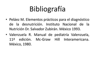 Bibliografía
• Peláez M. Elementos prácticos para el diagnóstico
de la desnutrición. Instituto Nacional de la
Nutrición Dr. Salvador Zubirán. México 1993.
• Valenzuela R. Manual de pediatría Valenzuela,
11ª edición. Mc-Graw Hill Interamericana.
México, 1980.
 