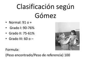 Clasificación según
Gómez
• Normal: 91 o +
• Grado I: 90-76%
• Grado II: 75-61%
• Grado III: 60 o –
Formula:
(Peso encontrado/Peso de referencia) 100
 
