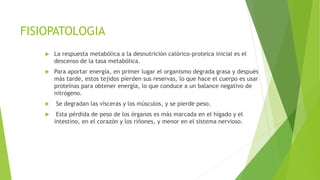 FISIOPATOLOGIA
 La respuesta metabólica a la desnutrición calórico-proteica inicial es el
descenso de la tasa metabólica.
 Para aportar energía, en primer lugar el organismo degrada grasa y después
más tarde, estos tejidos pierden sus reservas, lo que hace el cuerpo es usar
proteínas para obtener energía, lo que conduce a un balance negativo de
nitrógeno.
 Se degradan las vísceras y los músculos, y se pierde peso.
 Esta pérdida de peso de los órganos es más marcada en el hígado y el
intestino, en el corazón y los riñones, y menor en el sistema nervioso.
 