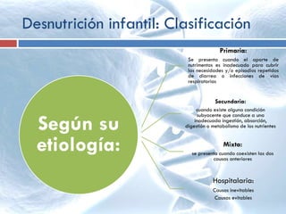 Desnutrición infantil: Clasificación
Según su
etiología:
Primaria:
Se presenta cuando el aporte de
nutrimentos es inadecuado para cubrir
las necesidades y/o episodios repetidos
de diarrea o infecciones de vías
respiratorias
Secundaria:
cuando existe alguna condición
subyacente que conduce a una
inadecuada ingestión, absorción,
digestión o metabolismo de los nutrientes
Mixta:
se presenta cuando coexisten las dos
causas anteriores
Hospitalaria:
Causas inevitables
Causas evitables
 