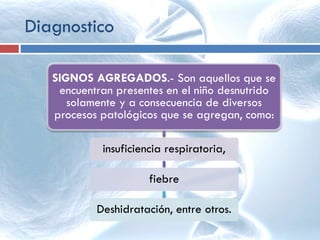 SIGNOS AGREGADOS.- Son aquellos que se
encuentran presentes en el niño desnutrido
solamente y a consecuencia de diversos
procesos patológicos que se agregan, como:
insuficiencia respiratoria,
fiebre
Deshidratación, entre otros.
Diagnostico
 