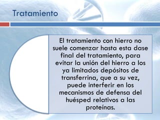 El tratamiento con hierro no
suele comenzar hasta esta dase
final del tratamiento, para
evitar la unión del hierro a los
ya limitados depósitos de
transferrina, que a su vez,
puede interferir en los
mecanismos de defensa del
huésped relativos a las
proteínas.
Tratamiento
 