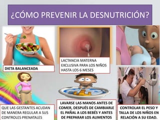 ¿CÓMO PREVENIR LA DESNUTRICIÓN? 
DIETA BALANCEADA 
LACTANCIA MATERNA 
EXCLUSIVA PARA LOS NIÑOS 
HASTA LOS 6 MESES 
QUE LAS GESTANTES ACUDAN 
DE MANERA REGULAR A SUS 
CONTROLES PRENATALES 
LAVARSE LAS MANOS ANTES DE 
COMER, DESPUÉS DE CAMBIARLE 
EL PAÑAL A LOS BEBÉS Y ANTES 
DE PREPARAR LOS ALIMENTOS 
CONTROLAR EL PESO Y 
TALLA DE LOS NIÑOS EN 
RELACIÓN A SU EDAD. 
 