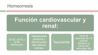 Función cardiovascular y
renal:
El GC, la FC y
la PA
disminuyen
Hipotensión
postural y
disminución
del retorno
venoso.
Taquicardia
Tanto el FPR
como la
velocidad de FG
pueden
disminuir a
causa del
descenso del
GC
Homeorresis
 