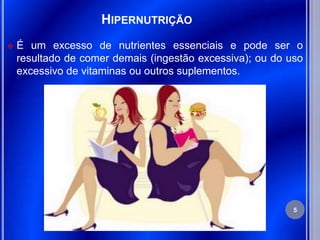 HIPERNUTRIÇÃO
   É um excesso de nutrientes essenciais e pode ser o
    resultado de comer demais (ingestão excessiva); ou do uso
    excessivo de vitaminas ou outros suplementos.




                                                           5
 