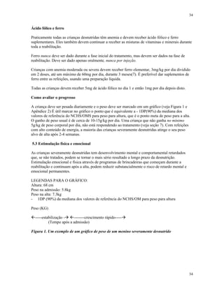 34
34
Ácido fólico e ferro
Praticamente todas as crianças desnutridas têm anemia e devem receber ácido fólico e ferro
suplementares. Eles também devem continuar a receber as misturas de vitaminas e minerais durante
toda a reabilitação.
Ferro nunca deve ser dado durante a fase inicial do tratamento, mas devem ser dados na fase de
reabilitação. Deve ser dado apenas oralmente, nunca por injeção.
Crianças com anemia moderada ou severa devem receber ferro elementar, 3mg/kg por dia dividido
em 2 doses, até um máximo de 60mg por dia, durante 3 meses(7). É preferível dar suplementos de
ferro entre as refeições, usando uma preparação líquida.
Todas as crianças devem receber 5mg de ácido fólico no dia 1 e então 1mg por dia depois disto.
Como avaliar o progresso
A criança deve ser pesada diariamente e o peso deve ser marcado em um gráfico (veja Figura 1 e
Apêndice 2) É útil marcar no gráfico o ponto que é equivalente a - 1DP(90%) da mediana dos
valores de referência do NCHS/OMS para peso para altura, que é o ponto meta de peso para a alta.
O ganho de peso usual é de cerca de 10-15g/kg por dia. Uma criança que não ganha no mínimo
5g/kg de peso corporal por dia, não está respondendo ao tratamento (veja seção 7). Com refeições
com alto conteúdo de energia, a maioria das crianças severamente desnutridas atinge o seu peso
alvo de alta após 2-4 semanas.
5.3 Estimulação física e emocional
As crianças severamente desnutridas tem desenvolvimento mental e comportamental retardados
que, se não tratados, podem se tornar o mais sério resultado a longo prazo da desnutrição.
Estimulação emocional e física através de programas de brincadeiras que começam durante a
reabilitação e continuam após a alta, podem reduzir substancialmente o risco de retardo mental e
emocional permanentes.
LEGENDAS PARA O GRÁFICO:
Altura: 68 cm
Peso na admissão: 5.8kg
Peso na alta: 7.3kg
- 1DP (90%) da mediana dos valores de referência do NCHS/OM para peso para altura
Peso (KG)
ß-----estabilização -à ß--------crescimento rápido-----à
(Tempo após a admissão)
Figura 1. Um exemplo de um gráfico de peso de um menino severamente desnutrido
 