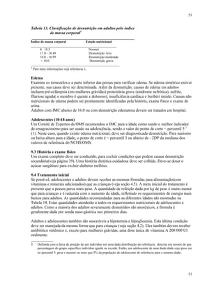 51
51
Tabela 13. Classificação de desnutrição em adultos pelo índice
de massa corporal3
___________________________________________________
Índice de massa corporal Estado nutricional
____________________________________________________
≥ 18.5 Normal
17.0 - 18.49 Desnutrição leve
16.0 - 16.99 Desnutrição moderada
< 16.0 Desnutrição grave
______________________________________________________
3
Para mais informações veja referência 1.
Edema
Examine os tornozelos e a parte inferior das pernas para verificar edema. Se edema simétrico estiver
presente, sua causa deve ser determinada. Além da desnutrição, causas de edema em adultos
incluem pré-eclâmpsia (em mulheres grávidas) proteinúria grave (síndrome nefrótica), nefrite,
filariose aguda( o membro é quente e doloroso), insuficiência cardíaca e beribéri úmido. Causas não
nutricionais de edema podem ser prontamente identificadas pela história, exame físico e exame de
urina.
Adultos com IMC abaixo de 16.0 ou com desnutrição edematosa devem ser tratados em hospital.
Adolescentes (10-18 anos)
Um Comitê de Expertos da OMS recomendou o IMC para a idade como sendo o melhor indicador
de emagrecimento para ser usado na adolescência, sendo o valor do ponto de corte < percentil 5 1
(1). Neste caso, quando existir edema nutricional, deve ser diagnosticada desnutrição. Para nanismo
ou baixa altura para a idade, o ponto de corte é < percentil 3 ou abaixo de - 2DP da mediana dos
valores de referência do NCHS/OMS.
9.3 História e exame físico
Um exame completo deve ser conduzido, para excluir condições que podem causar desnutrição
secundária(veja página 39). Uma história dietética cuidadosa deve ser colhida. Deve-se dosar o
açúcar sangüíneo para excluir diabetes mellitus.
9.4 Tratamento inicial
Se possível, adolescentes e adultos devem receber as mesmas fórmulas para alimentação(com
vitaminas e minerais adicionados) que as crianças (veja seção 4.5). A meta inicial do tratamento é
prevenir que a pessoa perca mais peso. A quantidade de refeição dada por kg de peso é muito menor
que para crianças e é reduzida com o aumento da idade, refletindo os requerimentos de energia mais
baixos para adultos. As quantidades recomendadas para as diferentes idades são mostradas na
Tabela 14. Estas quantidades atenderão a todos os requerimentos nutricionais de adolescentes e
adultos. Como a maioria dos adultos severamente desnutridos são anoréxicos, a fórmula é
geralmente dada por sonda naso-gástrica nos primeiros dias.
Adultos e adolescentes também são suscetíveis a hipotermia e hipoglicemia. Esta última condição
deve ser manejada da mesma forma que para crianças (veja seção 4.2). Eles também devem receber
antibiótico sistêmico e, exceto para mulheres grávidas, uma dose única de vitamina A 200 000 UI
oralmente.
___________
1 Definida com a faixa de posição de um indivíduo em uma dada distribuição de referência, descrita em termos de que
percentagem do grupo específico indivíduo iguala ou excede. Então, um adolescente de uma dada idade cujo peso cai
no percentil 5, pesa o mesmo ou mais que 5% da população de adolescente de referência para a mesma idade.
 