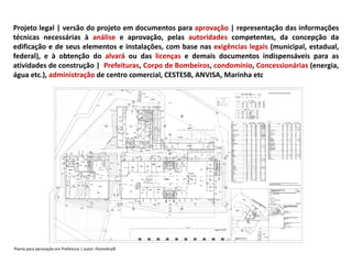 Projeto legal | versão do projeto em documentos para aprovação | representação das informações
técnicas necessárias à análise e aprovação, pelas autoridades competentes, da concepção da
edificação e de seus elementos e instalações, com base nas exigências legais (municipal, estadual,
federal), e à obtenção do alvará ou das licenças e demais documentos indispensáveis para as
atividades de construção | Prefeituras, Corpo de Bombeiros, condomínio, Concessionárias (energia,
água etc.), administração de centro comercial, CESTESB, ANVISA, Marinha etc
.
Planta para aprovação em Prefeitura | autor: PontoArq©
 
