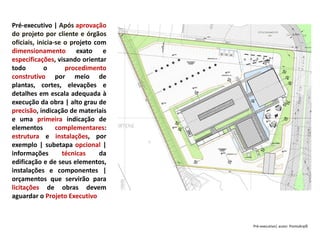 Pré-executivo | Após aprovação
do projeto por cliente e órgãos
oficiais, inicia-se o projeto com
dimensionamento exato e
especificações, visando orientar
todo o procedimento
construtivo por meio de
plantas, cortes, elevações e
detalhes em escala adequada à
execução da obra | alto grau de
precisão, indicação de materiais
e uma primeira indicação de
elementos complementares:
estrutura e instalações, por
exemplo | subetapa opcional |
informações técnicas da
edificação e de seus elementos,
instalações e componentes |
orçamentos que servirão para
licitações de obras devem
aguardar o Projeto Executivo
.
Pré-executivo| autor: PontoArq©
 