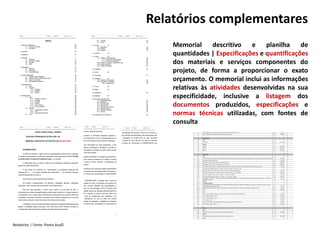 Relatórios | Fonte: Ponto Arq©
Relatórios complementares
Memorial descritivo e planilha de
quantidades | Especificações e quantificações
dos materiais e serviços componentes do
projeto, de forma a proporcionar o exato
orçamento. O memorial inclui as informações
relativas às atividades desenvolvidas na sua
especificidade, inclusive a listagem dos
documentos produzidos, especificações e
normas técnicas utilizadas, com fontes de
consulta
 