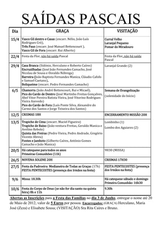 SAÍDAS PASCAIS
 Dia                           GRAÇA                                       VISITAÇÃO
15/4 Vasco Gil dentro e Casas (encarr. Nélio, João Luís           Curral Velho
       Rodrigues Cró),                                            Laranjal Pequeno
       Três Paus (encarr. José Manuel Bettencourt ),              Pomar do Miradouro
       Vasco Gil de Fora (encarr. Rui Alberto)
22/4 Festa da Flor, não há saída Pascal                           Festa da Flor, não há saída
                                                                  Pascal
29/4 Casa Branca (Sidónio, Herculano e Roberto Caíres)            Laranjal Grande (2)
       Encruzilhadas (José João Fernandes Camacho, José
       Nicolau de Sousa e Osvaldo Nóbrega)
       Barreira (João Baptista Fernandes Manica, Cláudio Cafofo
       e Samuel Caetano),
       Boliqueime (encarr. Pedro Fernandes Camacho)
 6/5 Chamorra (João André Bettencourt, Rui e Micael),             Semana de Evangelização
       Pico do Cardo de Dentro (José Martinho Freitas Gonçalves,
                                                                  (solenidade do Início)
       Abel Vitor Pereira Batista Vieira, José Vitorino Rodrigues
       Vieira Azevedo)
       Pico do Cardo de Fora (Luís Ponte Silva, Alexandre do
       Carmo dos Santos e Jorge Teixeira dos Santos)
12/5 CRISMAS 18H                                                  ENCERRAMENTO MISSÃO 20H

13/5 Trapiche de Cima (encarr. Maciel Figueira)                  Lombinho (1)
       Trapiche de Baixo (João ventura Freitas, Geraldo Manica e
                                                                 Lombo dos Aguiares (2)
       Avelino Rebolo)
       Quinta das Freiras (Pedro Vieira, Pedro Andrade, Gregório
       Vicente Abreu)
       Fontes e Jamboto (Gilberto Caíres, António Gomes
       Camacho e João Manica)
20/5 Há catequese para todos os anos                              9H30 (MISSA)
       Primeiras Comunhões (11h)
26/5 NOVENA SOLENE 20H                                            CRISMAS 17H30

27/5 Festa da Padroeira: Medianeira de Todas as Graças (17h)      FESTA PENTECOSTES (presença
       FESTA PENTECOSTES (presença dos Irmãos na festa)           dos Irmãos na festa)

 9/6 Missa: 18.30h                                                Há catequese sábado e domingo
                                                                  Primeira Comunhão: 16h30
10/6 Festa do Corpo de Deus (se não for dia santo na quinta       9.30h
       feira) 8h e 11h
Abertas as Inscrições para a Festa das Famílias no dia 3 de Junho, entregar o nome até 20
de Maio de 2012, valor de 5 Euros por pessoa. Encarregados: (GRAÇA) Herculano, Maria
José (Zeza) e Elisabete Sousa; (VISITAÇÃO) Sra Rita Caíres e Bruno.
 