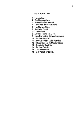 2

Série André Luiz
1 - Nosso Lar
2 - Os Mensageiros
3 - Missionários da Luz
4 - Obreiros da Vida Eterna
5 - No Mundo Maior
6 - Agenda Cristã
7 - Libertação
8 - Entre a Terra e o Céu
9 - Nos Domínios da Mediunidade
10 - Ação e Reação
11 - Evolução em Dois Mundos
12 - Mecanismos da Mediunidade
13 - Conduta Espírita
14 - Sexo e Destino
15 - Desobsessão
16 - E a Vida Continua...

 