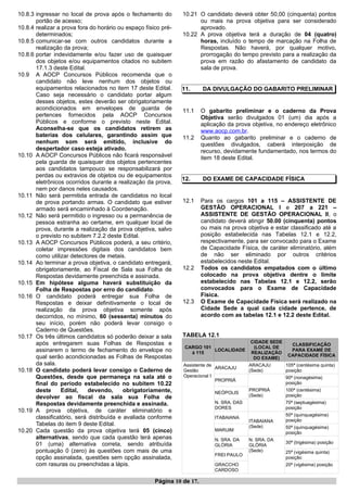 10.8.3 ingressar no local de prova após o fechamento do
portão de acesso;
10.8.4 realizar a prova fora do horário ou espaço físico pré-
determinados;
10.8.5 comunicar-se com outros candidatos durante a
realização da prova;
10.8.6 portar indevidamente e/ou fazer uso de quaisquer
dos objetos e/ou equipamentos citados no subitem
17.1.3 deste Edital.
10.9 A AOCP Concursos Públicos recomenda que o
candidato não leve nenhum dos objetos ou
equipamentos relacionados no item 17 deste Edital.
Caso seja necessário o candidato portar algum
desses objetos, estes deverão ser obrigatoriamente
acondicionados em envelopes de guarda de
pertences fornecidos pela AOCP Concursos
Públicos e conforme o previsto neste Edital.
Aconselha-se que os candidatos retirem as
baterias dos celulares, garantindo assim que
nenhum som será emitido, inclusive do
despertador caso esteja ativado.
10.10 A AOCP Concursos Públicos não ficará responsável
pela guarda de quaisquer dos objetos pertencentes
aos candidatos tampouco se responsabilizará por
perdas ou extravios de objetos ou de equipamentos
eletrônicos ocorridos durante a realização da prova,
nem por danos neles causados.
10.11 Não será permitida entrada de candidatos no local
de prova portando armas. O candidato que estiver
armado será encaminhado à Coordenação.
10.12 Não será permitido o ingresso ou a permanência de
pessoa estranha ao certame, em qualquer local de
prova, durante a realização da prova objetiva, salvo
o previsto no subitem 7.2.2 deste Edital.
10.13 A AOCP Concursos Públicos poderá, a seu critério,
coletar impressões digitais dos candidatos bem
como utilizar detectores de metais.
10.14 Ao terminar a prova objetiva, o candidato entregará,
obrigatoriamente, ao Fiscal de Sala sua Folha de
Respostas devidamente preenchida e assinada.
10.15 Em hipótese alguma haverá substituição da
Folha de Respostas por erro do candidato.
10.16 O candidato poderá entregar sua Folha de
Respostas e deixar definitivamente o local de
realização da prova objetiva somente após
decorridos, no mínimo, 60 (sessenta) minutos do
seu início, porém não poderá levar consigo o
Caderno de Questões.
10.17 Os três últimos candidatos só poderão deixar a sala
após entregarem suas Folhas de Respostas e
assinarem o termo de fechamento do envelope no
qual serão acondicionadas as Folhas de Respostas
da sala.
10.18 O candidato poderá levar consigo o Caderno de
Questões, desde que permaneça na sala até o
final do período estabelecido no subitem 10.22
deste Edital, devendo, obrigatoriamente,
devolver ao fiscal da sala sua Folha de
Respostas devidamente preenchida e assinada.
10.19 A prova objetiva, de caráter eliminatório e
classificatório, será distribuída e avaliada conforme
Tabelas do item 9 deste Edital.
10.20 Cada questão da prova objetiva terá 05 (cinco)
alternativas, sendo que cada questão terá apenas
01 (uma) alternativa correta, sendo atribuída
pontuação 0 (zero) às questões com mais de uma
opção assinalada, questões sem opção assinalada,
com rasuras ou preenchidas a lápis.
10.21 O candidato deverá obter 50,00 (cinquenta) pontos
ou mais na prova objetiva para ser considerado
aprovado.
10.22 A prova objetiva terá a duração de 04 (quatro)
horas, incluído o tempo de marcação na Folha de
Respostas. Não haverá, por qualquer motivo,
prorrogação do tempo previsto para a realização da
prova em razão do afastamento de candidato da
sala de prova.
11. DA DIVULGAÇÃO DO GABARITO PRELIMINAR
11.1 O gabarito preliminar e o caderno da Prova
Objetiva serão divulgados 01 (um) dia após a
aplicação da prova objetiva, no endereço eletrônico
www.aocp.com.br.
11.2 Quanto ao gabarito preliminar e o caderno de
questões divulgados, caberá interposição de
recurso, devidamente fundamentado, nos termos do
item 18 deste Edital.
12. DO EXAME DE CAPACIDADE FÍSICA
12.1 Para os cargos 101 a 115 – ASSISTENTE DE
GESTÃO OPERACIONAL I e 207 a 221 –
ASSISTENTE DE GESTÃO OPERACIONAL II, o
candidato deverá atingir 50.00 (cinquenta) pontos
ou mais na prova objetiva e estar classificado até a
posição estabelecida nas Tabelas 12.1 e 12.2,
respectivamente, para ser convocado para o Exame
de Capacidade Física, de caráter eliminatório, além
de não ser eliminado por outros critérios
estabelecidos neste Edital.
12.2 Todos os candidatos empatados com o último
colocado na prova objetiva dentre o limite
estabelecido nas Tabelas 12.1 e 12.2, serão
convocados para o Exame de Capacidade
Física.
12.3 O Exame de Capacidade Física será realizado na
Cidade Sede a qual cada cidade pertence, de
acordo com as tabelas 12.1 e 12.2 deste Edital.
TABELA 12.1
CARGO 101
à 115
LOCALIDADE
CIDADE SEDE
(LOCAL DE
REALIZAÇÃO
DO EXAME)
CLASSIFICAÇÃO
PARA EXAME DE
CAPACIDADE FÍSICA
Assistente de
Gestão
Operacional I
ARACAJU
ARACAJU
(Sede)
105ª (centésima quinta)
posição
PROPRIÁ
PROPRIÁ
(Sede)
90ª (nonagésima)
posição
NEÓPOLIS
100ª (centésima)
posição
N. SRA. DAS
DORES
70ª (septuagésima)
posição
ITABAIANA
ITABAIANA
(Sede)
50ª (quinquagésima)
posição
MARUIM
50ª (quinquagésima)
posição
N. SRA. DA
GLÓRIA
N. SRA. DA
GLÓRIA
(Sede)
30ª (trigésima) posição
FREI PAULO
25ª (vigésima quinta)
posição
GRACCHO
CARDOSO
20ª (vigésima) posição
Página 10 de 17.
 