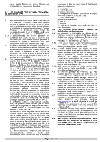 como outros fatores de ordem técnica que
impossibilitem a transferência de dados.
6. DA INSCRIÇÃO PARA A PESSOA PORTADORA
DE DEFICIÊNCIA (PPD)
6.1 Aos portadores de deficiência, serão reservados 5%
(cinco porcento) do número total de vagas providas
durante a validade do presente concurso, desde
que as atribuições do cargo sejam compatíveis com
a deficiência. As disposições referentes às Pessoas
Portadores de Deficiência deste Edital são
correspondentes às da Lei nº 7.853/89 e do Decreto
3.298/99 alterado pelo Decreto n° 5.296/2004.
6.1.1 a compatibilidade da pessoa portadora de
deficiência com o cargo no qual se inscreveu será
declarada por junta médica especial, perdendo o
candidato o direito à nomeação caso seja
considerado inapto para o exercício do cargo.
6.2 A pessoa portadora de deficiência participará do
Concurso Público em igualdade de condições com
os demais candidatos no que se refere ao conteúdo
das provas, à avaliação e aos critérios de
aprovação, ao horário e ao local de aplicação da
prova e à nota mínima exigida de acordo com o
previsto no presente Edital.
6.3 São consideradas pessoas com deficiência, de
acordo com o Artigo 4º do Decreto Federal n°
3.298, de 20 de dezembro de 1999, alterado pelo
Decreto n° 5.296, de 2 de dezembro de 2004, nos
termos da Lei, as que se enquadram nas categorias
de I a V a seguir; e as contempladas pelo
enunciado da Súmula 377 do Superior Tribunal de
Justiça: “O portador de visão monocular tem direito
de concorrer, em Seleção Competitiva Pública, às
vagas reservadas aos deficientes”:
I - deficiência física - alteração completa ou parcial
de um ou mais segmentos do corpo humano,
acarretando o comprometimento da função física,
apresentando-se sob a forma de paraplegia,
paraparesia, monoplegia, monoparesia, tetraplegia,
tetraparesia, triplegia, triparesia, hemiplegia,
hemiparesia, ostomia, amputação ou ausência de
membro, paralisia cerebral, nanismo, membros com
deformidade congênita ou adquirida, exceto as
deformidades estéticas e as que não produzam
dificuldades para o desempenho de funções
(Redação dada pelo Decreto nº 5.296, de 2004);
II - deficiência auditiva - perda bilateral, parcial ou
total, de quarenta e um decibéis (dB) ou mais,
aferida por audiograma nas frequências de 500HZ,
1.000HZ, 2.000Hz e 3.000Hz (Redação dada pelo
Decreto nº 5.296, de 2004);
III - deficiência visual - cegueira, na qual a acuidade
visual é igual ou menor que 0,05 no melhor olho,
com a melhor correção óptica; a baixa visão, que
significa acuidade visual entre 0,3 e 0,05 no melhor
olho, com a melhor correção óptica; os casos nos
quais a somatória da medida do campo visual em
ambos os olhos for igual ou menor que 60º; ou a
ocorrência simultânea de quaisquer das condições
anteriores (Redação dada pelo Decreto nº 5.296, de
2004);
IV - deficiência mental – funcionamento intelectual
significativamente inferior à média, com
manifestação antes dos dezoito anos e limitações
associadas a duas ou mais áreas de habilidades
adaptativas, tais como:
a) comunicação;
b) cuidado pessoal;
c) habilidades sociais;
d) utilização dos recursos da comunidade (Redação
dada pelo Decreto nº 5.296, de 2004);
e) saúde e segurança;
f) habilidades acadêmicas;
g) lazer e
h) trabalho;
V - deficiência múltipla – associação de duas ou
mais deficiências.
6.4 Para concorrer como Pessoa Portadora de
Deficiência, o candidato deverá:
6.4.1 ao preencher o Formulário de Solicitação de
Inscrição, conforme o subitem 5.4.2 deste Edital,
declarar que pretende participar do Concurso como
portador de deficiência e especificar no campo
indicado o tipo de deficiência que possui;
6.4.2 enviar o laudo médico com as informações descritas
no subitem 6.4.2.1 deste Edital, conforme
disposições do subitem 7.3 deste Edital.
6.4.2.1o laudo médico deverá ser original ou cópia
autenticada, estar redigido em letra legível e dispor
sobre a espécie e o grau ou nível da deficiência da
qual o candidato é portador com expressa
referência ao código correspondente de
Classificação Internacional de Doença – CID.
Somente serão considerados os laudos médicos
emitidos nos últimos 12 (doze) meses anteriores à
data da realização da inscrição.
6.4.2.2Não haverá devolução do laudo médico, tanto
original quanto cópia autenticada, e não serão
fornecidas cópias do mesmo.
6.5 O candidato portador de deficiência que não
proceder conforme as orientações deste item será
considerado como não-portador de deficiência,
perdendo o direito à reserva de vaga e passando à
ampla concorrência. Nestes casos o candidato não
poderá interpor recurso em favor de sua situação.
6.6 Caso a deficiência não esteja de acordo com os
termos da Organização Mundial da Saúde e da
Legislação supracitada neste item, a opção de
concorrer às vagas destinadas aos portadores de
deficiência será desconsiderada, passando o
candidato à ampla concorrência.
6.7 O deferimento das inscrições dos candidatos que se
inscreverem como pessoa portadora de deficiência
estará disponível no endereço eletrônico
www.aocp.com.br a partir da data provável de
18/06/2013. O candidato que tiver a sua inscrição
indeferida poderá impetrar recurso na forma do item
18 deste Edital.
6.8 O candidato inscrito como Pessoa Portadora de
Deficiência, se aprovado no Concurso Público, terá
seu nome divulgado na lista geral dos aprovados e
na lista dos candidatos aprovados específica para
portadores de deficiência.
6.9 Não havendo candidatos aprovados para a vaga
reservada aos portadores de deficiência, esta
será preenchida com estrita observância da
ordem de classificação geral.
Página 6 de 17.
 