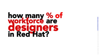 how many % of
workforce are
designers
in Red Hat?
LICENSE:	A*ribu/on	4.0	Interna/onal	(CC	BY	4.0)	Samir	Dash	@	Red	Hat	UI/UX	Community	of	Prac/ce,	2018	–	DesOps	101	:	Overview.		
 