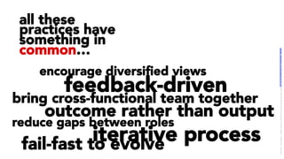 feedback-driven
all these
practices have
something in
common…
encourage diversiﬁed views
bring cross-functional team together
outcome rather than output
reduce gaps between roles
iterative processfail-fast to evolve
LICENSE:	A*ribu/on	4.0	Interna/onal	(CC	BY	4.0)	Samir	Dash	@	Red	Hat	UI/UX	Community	of	Prac/ce,	2018	–	DesOps	101	:	Overview.		
 