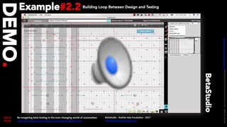 KNOW	
MORE	
Re-imagining	beta	tesUng	in	the	ever-changing	world	of	automaUon	
h*ps://opensource.com/ar/cle/18/1/beta-tes/ng-automa/on		
BetaStudio	-	RedHat	Idea-IncubaUon	-	2017	
h*ps://youtu.be/kItqD5wc4_4		
DEMO.
BetaStudio
Example#2.2 Building Loop Between Design and Testing
LICENSE:	A*ribu/on	4.0	Interna/onal	(CC	BY	4.0)	Samir	Dash	@	Red	Hat	UI/UX	Community	of	Prac/ce,	2018	–	DesOps	101	:	Overview.		
 