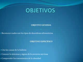OBJETIVO GENERAL

                                            
Reconocer cuales son los tipos de desordenes alimenticios



                                 OBJETIVO ESPECÍFICO



Cita las causas de la bulimia

Conocer lo síntomas y signos de la anorexia nerviosa

Comprender los tratamientos de la obesidad
 