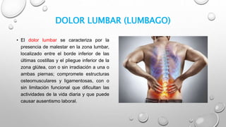 DOLOR LUMBAR (LUMBAGO)
• El dolor lumbar se caracteriza por la
presencia de malestar en la zona lumbar,
localizado entre el borde inferior de las
últimas costillas y el pliegue inferior de la
zona glútea, con o sin irradiación a una o
ambas piernas; compromete estructuras
osteomusculares y ligamentosas, con o
sin limitación funcional que dificultan las
actividades de la vida diaria y que puede
causar ausentismo laboral.
 