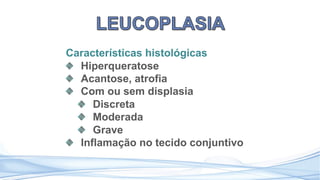 Características histológicas
Hiperqueratose
Acantose, atrofia
Com ou sem displasia
Discreta
Moderada
Grave
Inflamação no tecido conjuntivo
 
