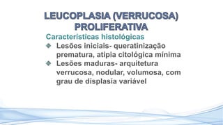 Características histológicas
Lesões iniciais- queratinização
prematura, atipia citológica mínima
Lesões maduras- arquitetura
verrucosa, nodular, volumosa, com
grau de displasia variável
 