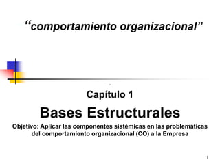 1
“”“comportamiento organizacional”
.
Capítulo 1
Bases Estructurales
Objetivo: Aplicar las componentes sistémicas en las problemáticas
del comportamiento organizacional (CO) a la Empresa
 